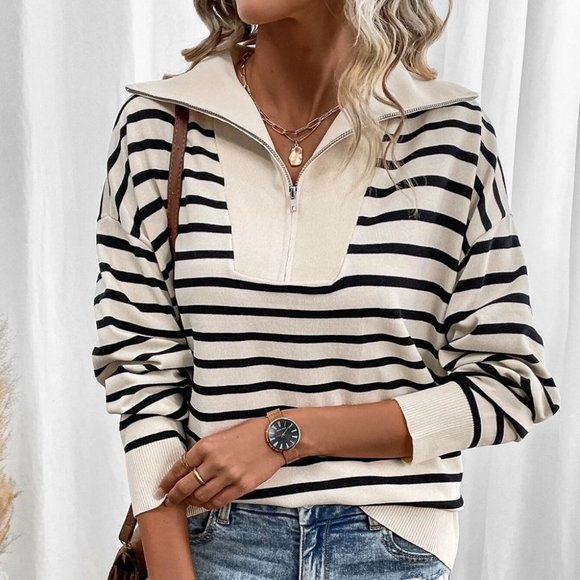 Casual Womens Striped Pattern Quarter Zip Drop Shoulder Sweater old money - Picture 4 of 5